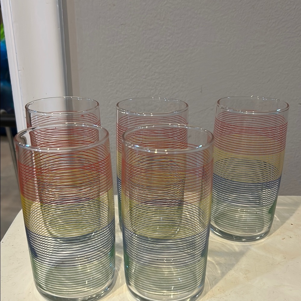 Set of 5 vintage Colorful Striped Glass Tumblers Anchor Hocking